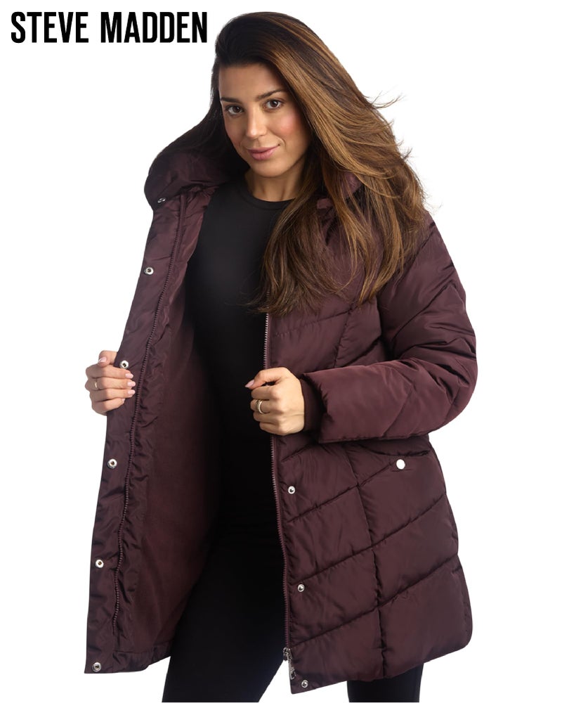 Steve Madden womens Long Quilted Outerwear Chevron Puffer Jacket Down Alternative Coat, Merlot, 2X US - Image 5